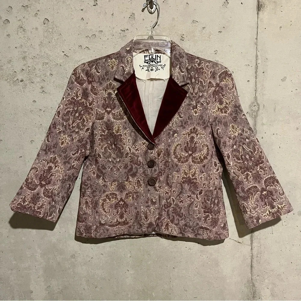 Edun Women's Floral Print Metallic Three Button Blazer 3/4 Sleeves Multicolor M